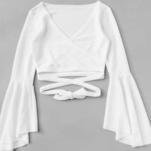Bell sleeve self-tie crop top